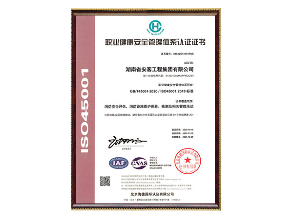 職業(yè)健康安全管理體系認(rèn)證證書2022